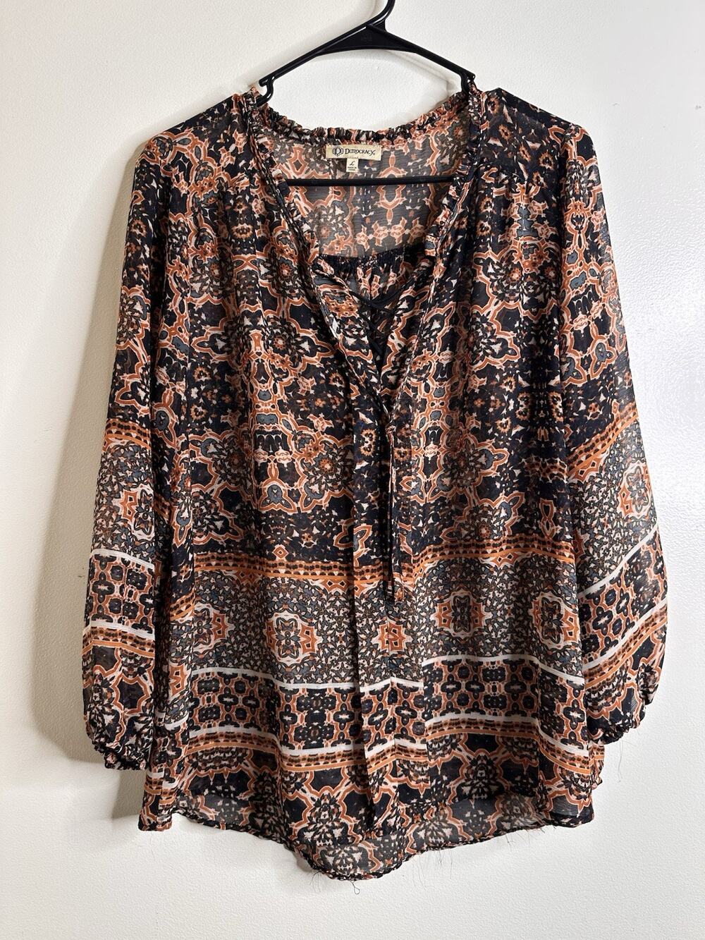 Democracy Size Large Peasant Style Blouse Popover Style V-Neck Bohemian Sheer